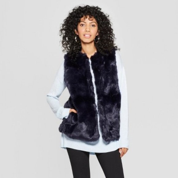 a new day Jackets & Blazers - NWT GLAM NAVY FAUX FUR VEST